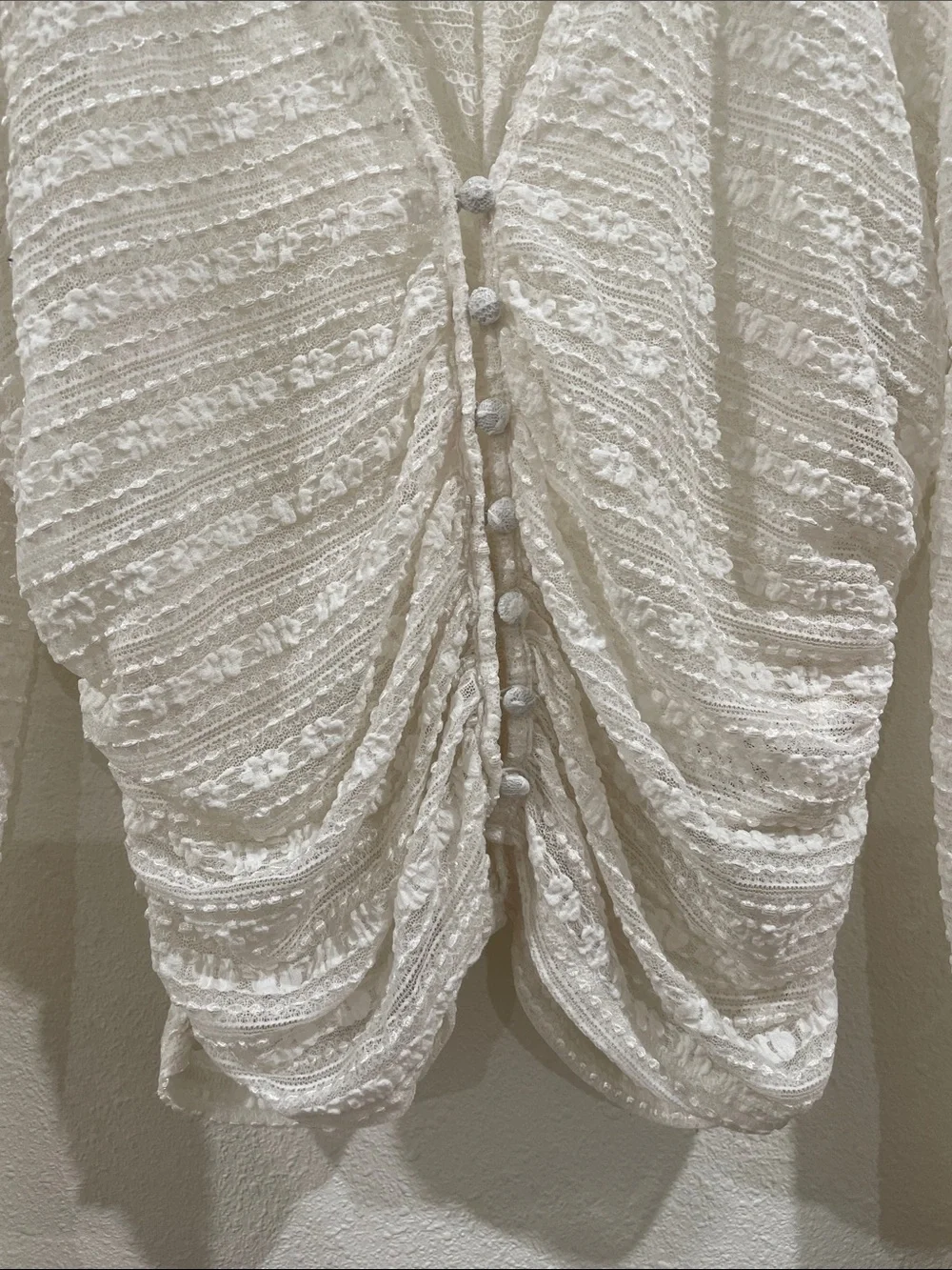 By Anthropologie Cream Boho Floral Lace Sheer Ruched Button-Front Top Large